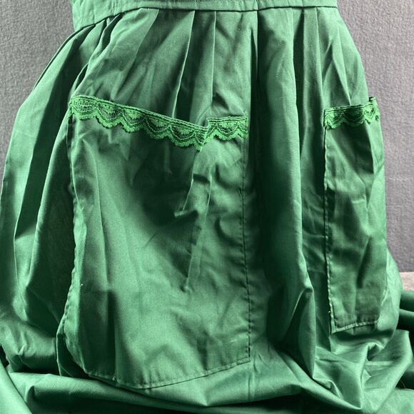 Women Green Cotton Lace Apron Holiday Kitchen Christmas Work Apron with Pockets - Picture 2 of 5